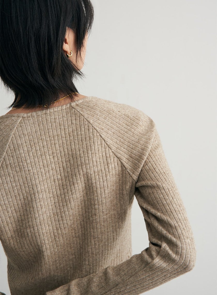 優雅方領坑條親膚長袖上衣